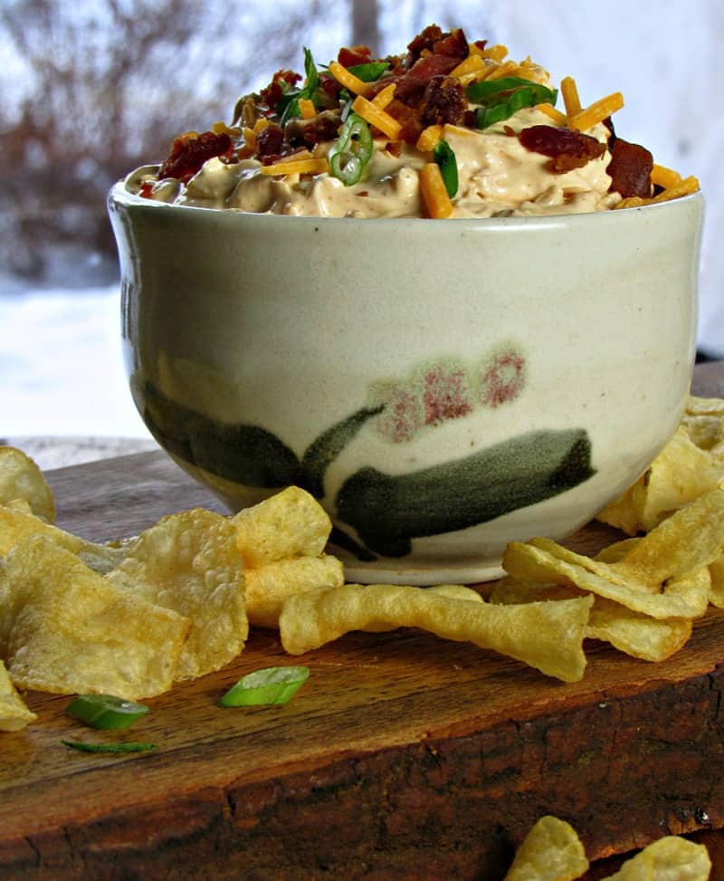 Best Loaded Spicy Ranch Dip ~ sour cream, French onion, plus everything else we love in a dip ~ spicy ranch flavor, cheddar cheese and bacon! 5 minute prep.