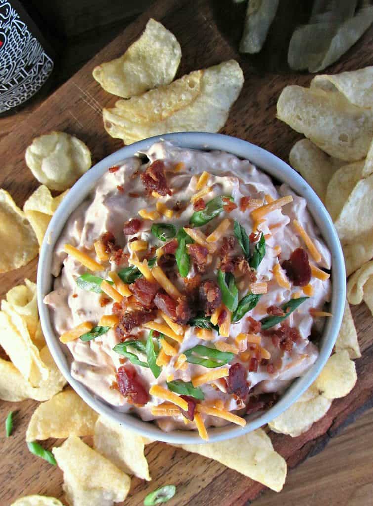 Best Loaded Spicy Ranch Dip ~ sour cream, French onion, plus everything else we love in a dip ~ spicy ranch flavor, cheddar cheese and bacon! 5 minute prep.