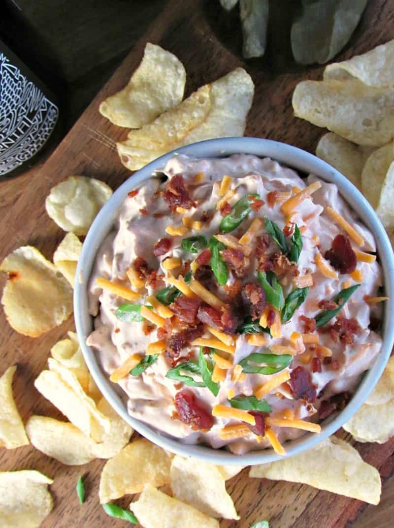 Best Loaded Spicy Ranch Dip ~ sour cream, French onion, plus everything else we love in a dip ~ spicy ranch flavor, cheddar cheese and bacon! 5 minute prep. 