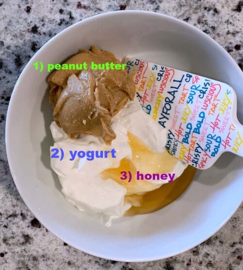 3 ingredients in a bowl labeled with what each is