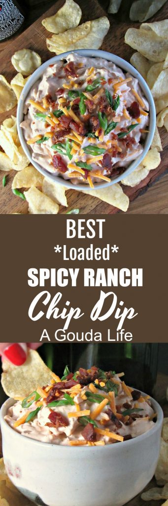 Best Loaded Spicy Ranch Dip ~ sour cream, French onion, plus everything else we love in a dip ~ spicy ranch flavor, cheddar cheese and bacon! 5 minute prep.