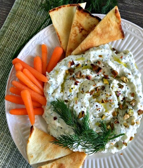 overhead view garlic feta dip - what to serve with naan bread