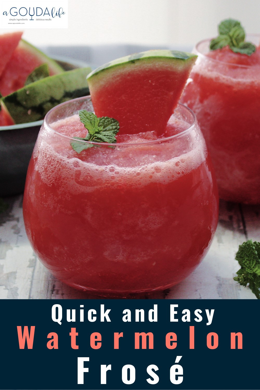 pin for pinterest showing clear glass of frose garnished with watermelon wedge