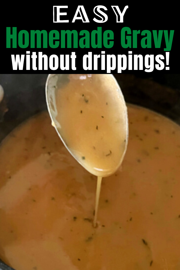 pinterest pin showing gravy recipe without drippings and spoon