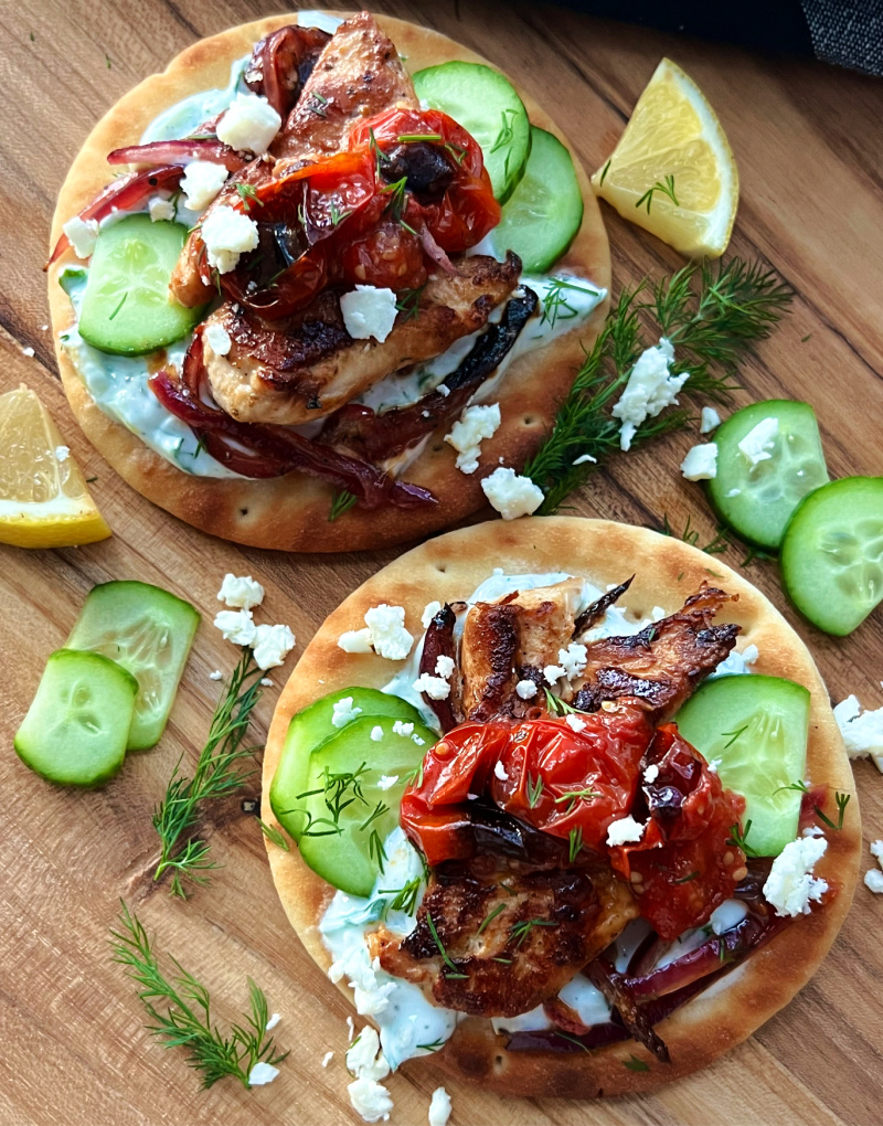 greek chicken recipe used in greek pizza topped with tomatoes and feta