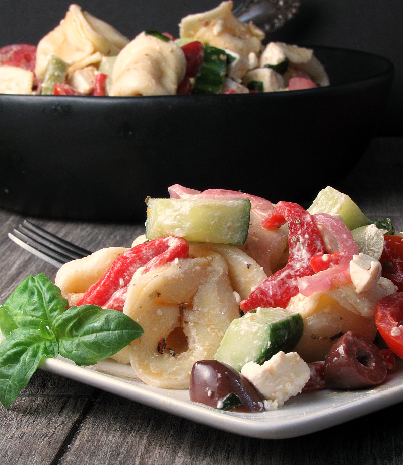 Greek Tortellini Pasta Salad ~ 3-cheese tortellini + fresh veggies, roasted red peppers, olives and feta tossed in a simple homemade Greek dressing.