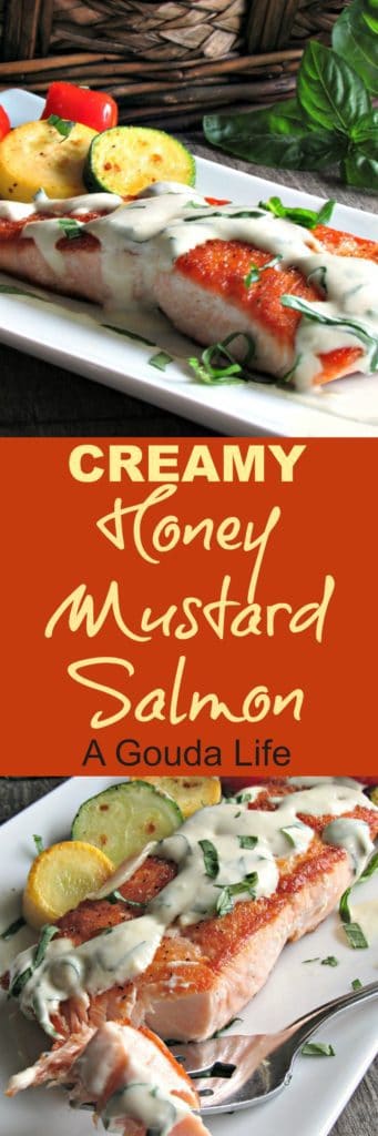 Creamy Honey Mustard Salmon: crispy pan-seared salmon topped with light, creamy sweet-tangy herbed honey mustard sauce goes stove to table in 20 minutes.