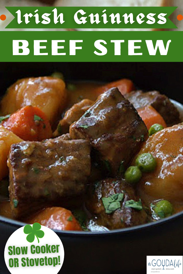 pinterest pin showing irish guinness beef stew in black bowl