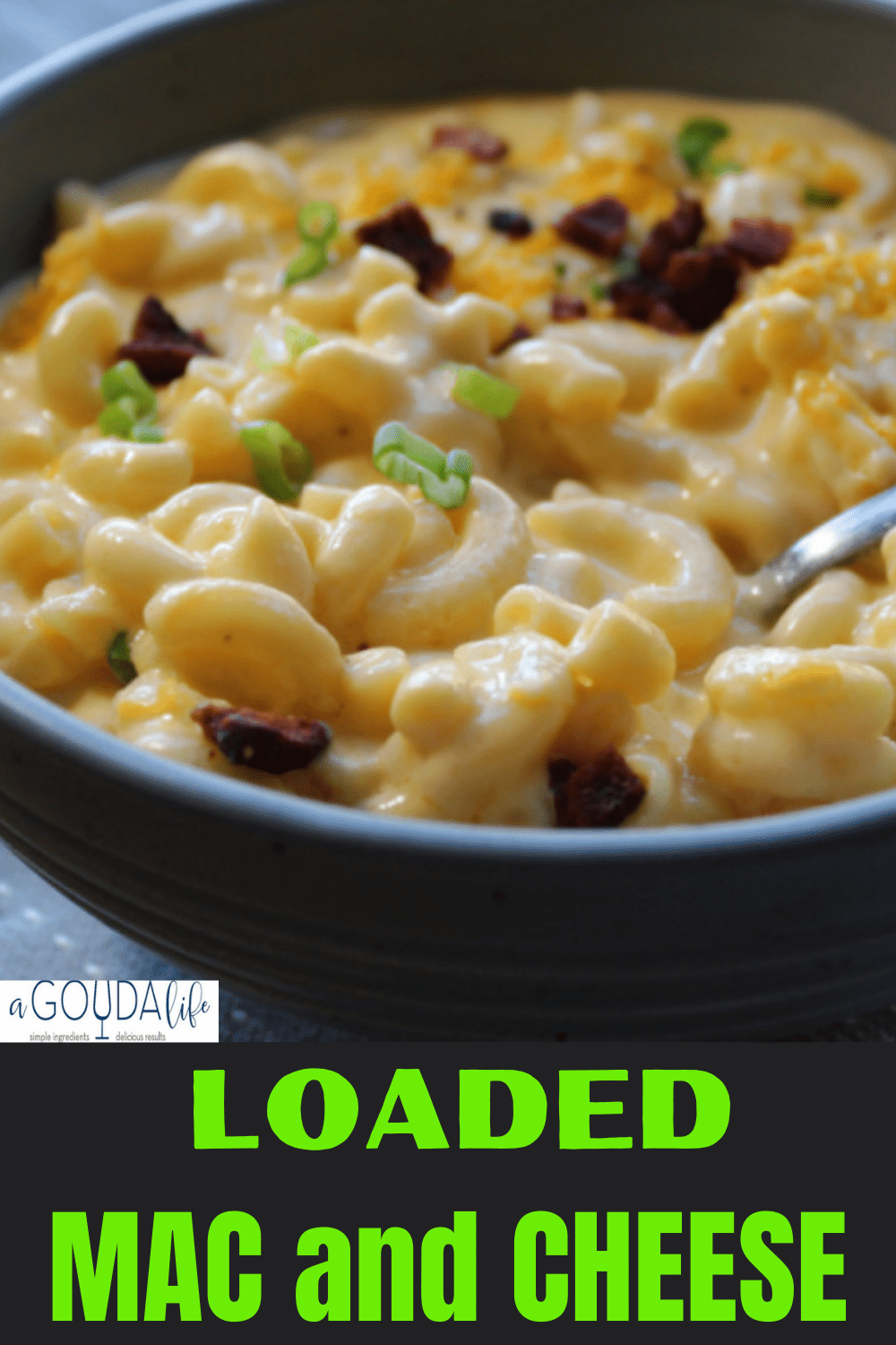 pinterest pin showing loaded mac and cheese