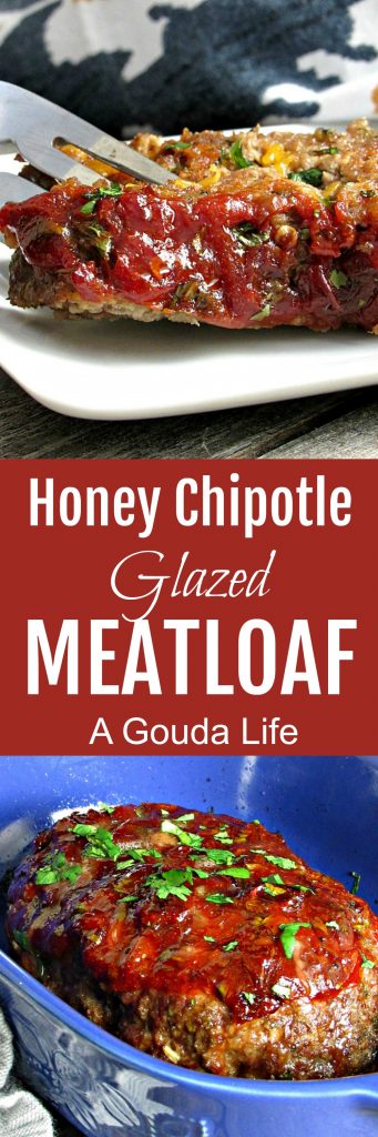 Honey Chipotle Glazed Meatloaf ~ perfectly seasoned meatloaf with a slightly sweet, boldly spicy caramelized honey chipotle glaze baked on top and cheddar cheese inside.