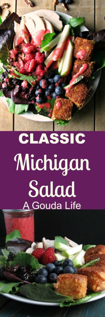 Michigan Salad recipe inspired by the classic Michigan Salad, but updated with with farm-fresh ingredients and a homemade raspberry-champagne vinaigrette.