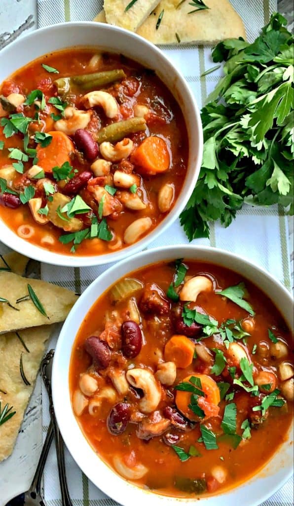 overhead view of minestrone soup