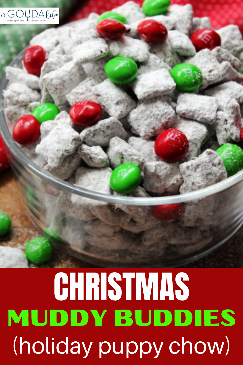 pinterest pin showing clear bowl of powdered sugar cereal with red and white M&Ms