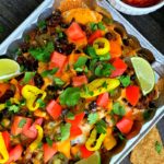 overhead view of loaded grilled nachos