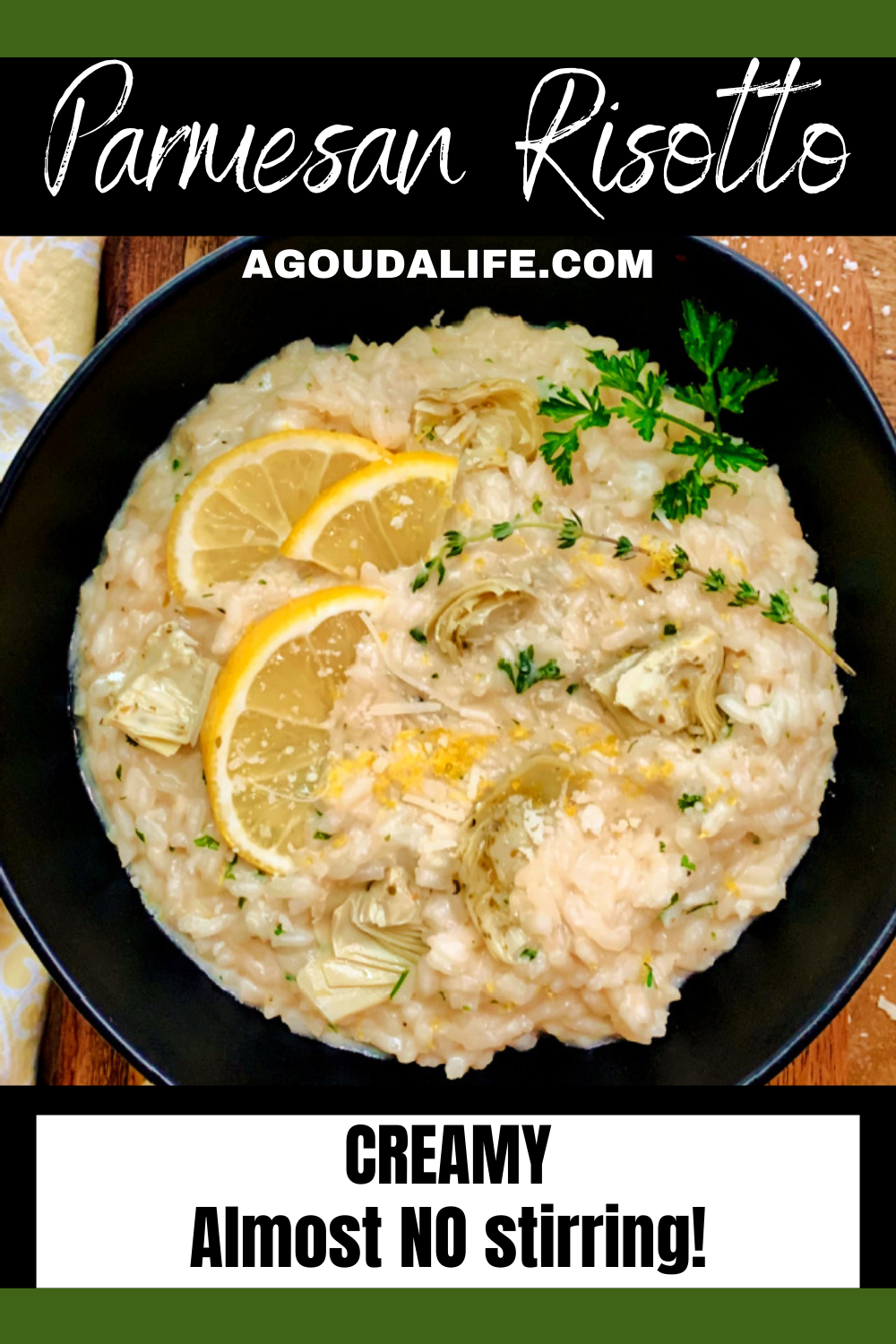 pinterest pin showing overhead view black bowl with risotto garnished with lemons