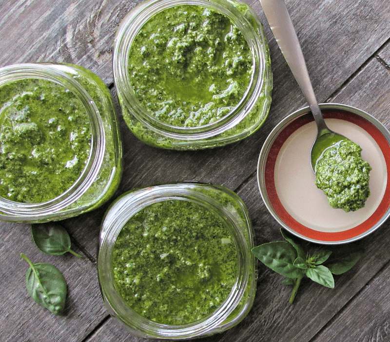 Basil Spinach Pesto ~ a simple no-cook sauce delicious on pasta, pizza or as an appetizer, made completely in a food processor or blender.