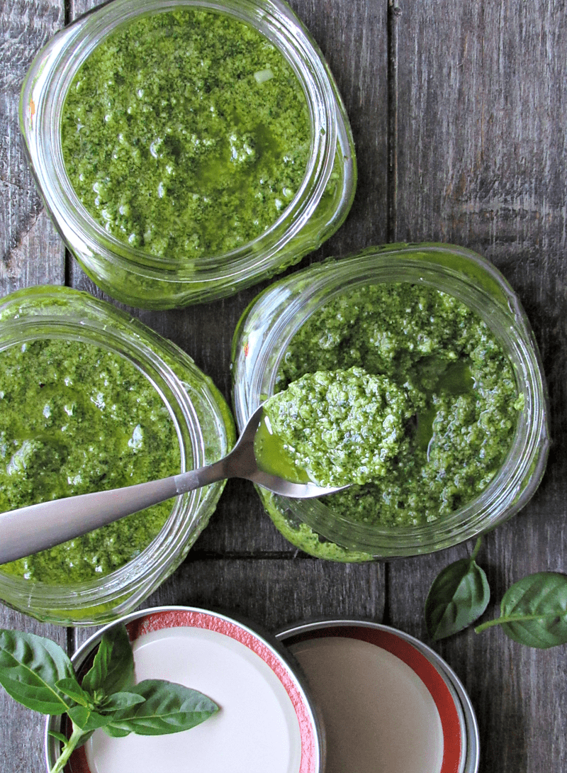 Basil Spinach Pesto ~ a simple no-cook sauce delicious on pasta, pizza or as an appetizer, made completely in a food processor or blender.