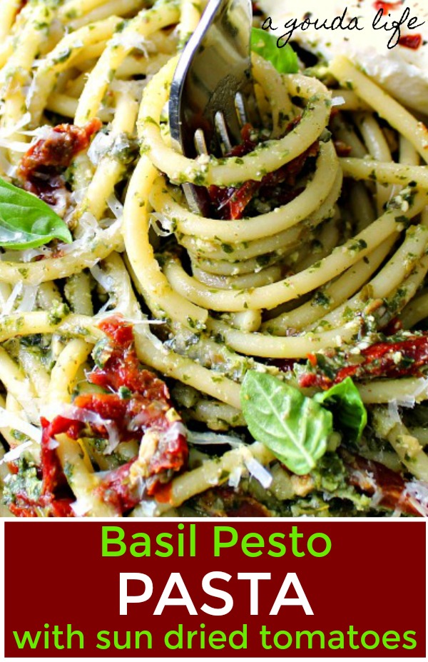 pinterest pin showing pesto pasta with fork twirling