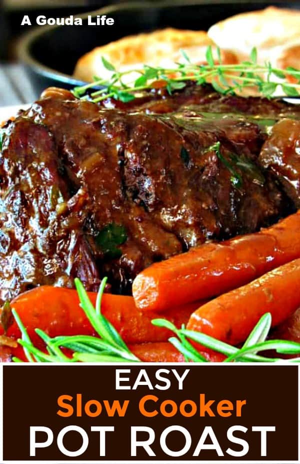 pinterest pin showing pot roast on a platter with carrots, potatoes and gravy