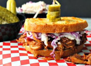 BBQ pulled chicken on texas toast with cole slaw