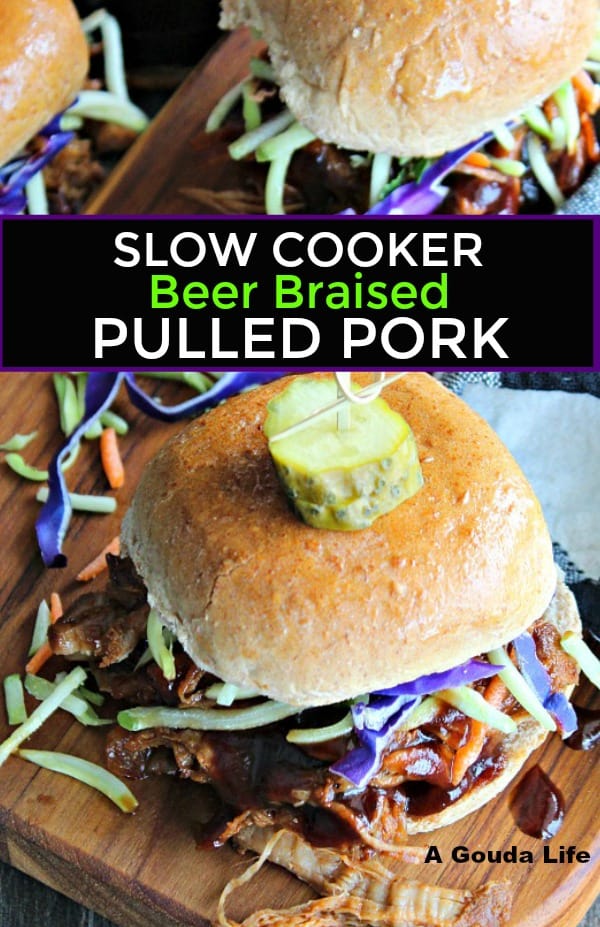 slow cooker beer braised pulled pork ~ Pinterest pin showing overhead of pulled pork slider topped with purple and green shredded slaw and dill pickle disc.