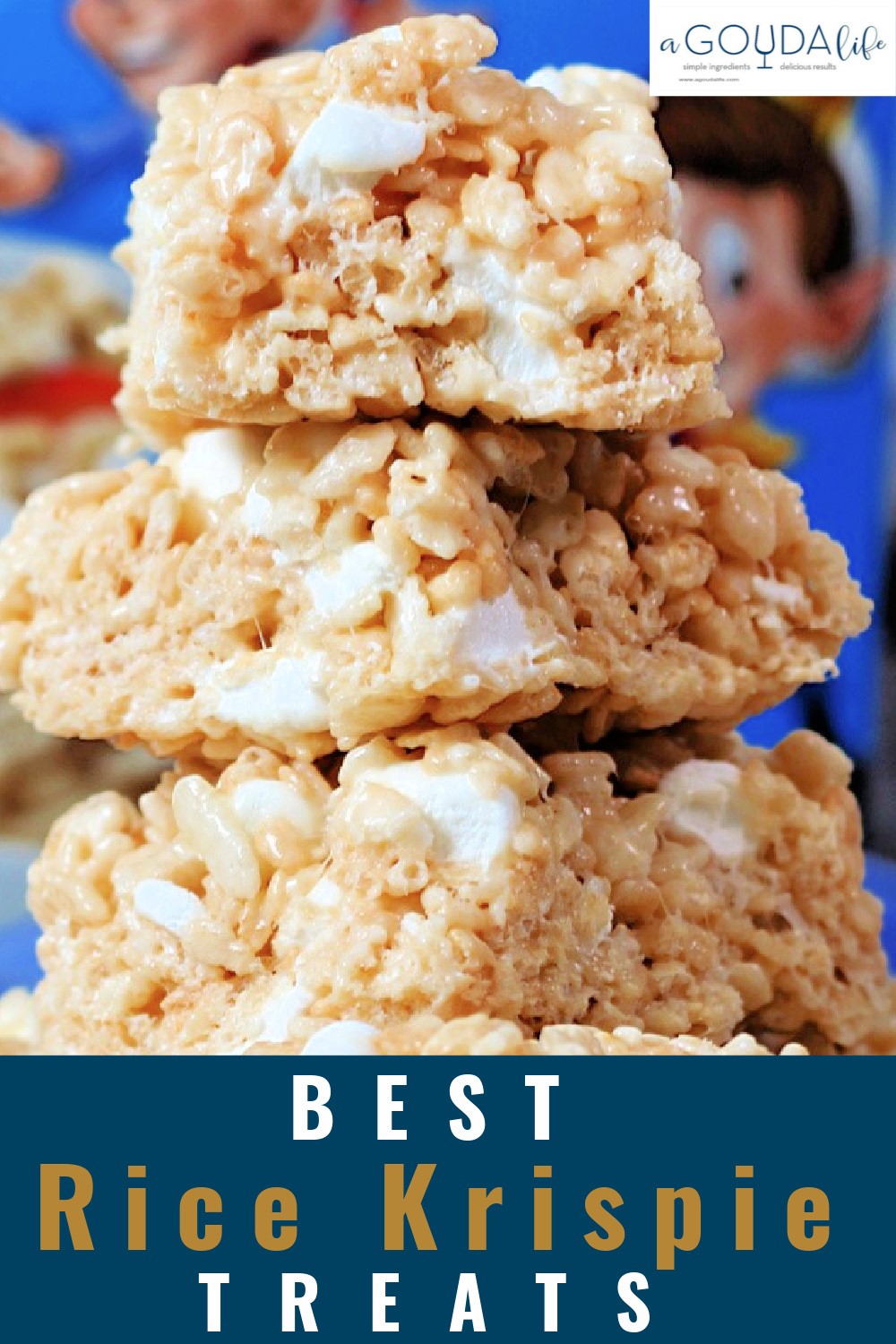 pinterest pin showing stack of rice krispies treats