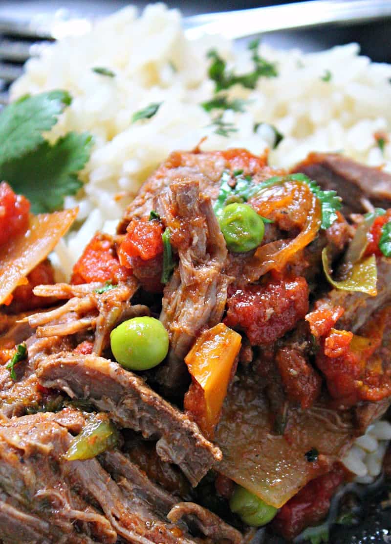 plate of slow cooker ropa vieja with side of white rice