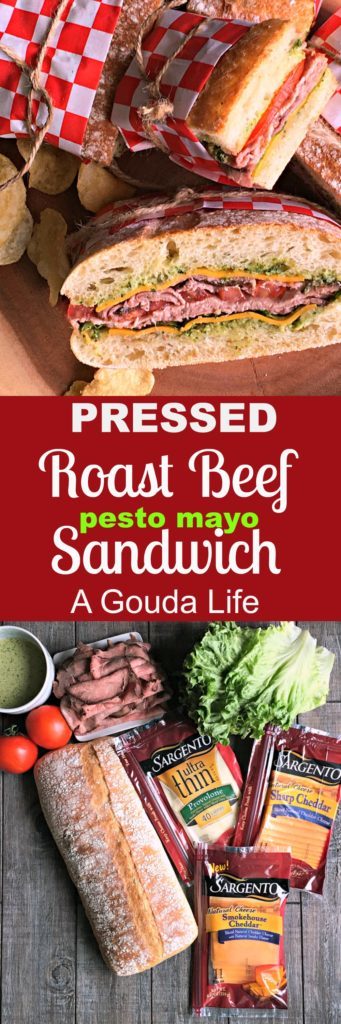 Pressed Roast Beef Sandwich: deli roast beef, cheese, lettuce, tomato, tangy apple & pesto-mayo on ciabatta, then pressed (no panini press needed). 