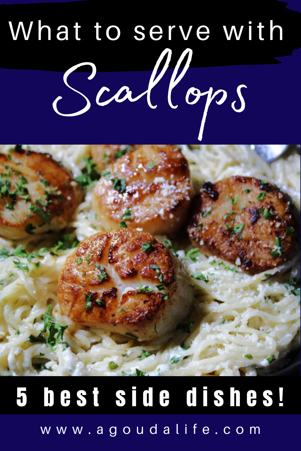 pinterest pin showing seared scallops over a bed of creamy angel hair pasta