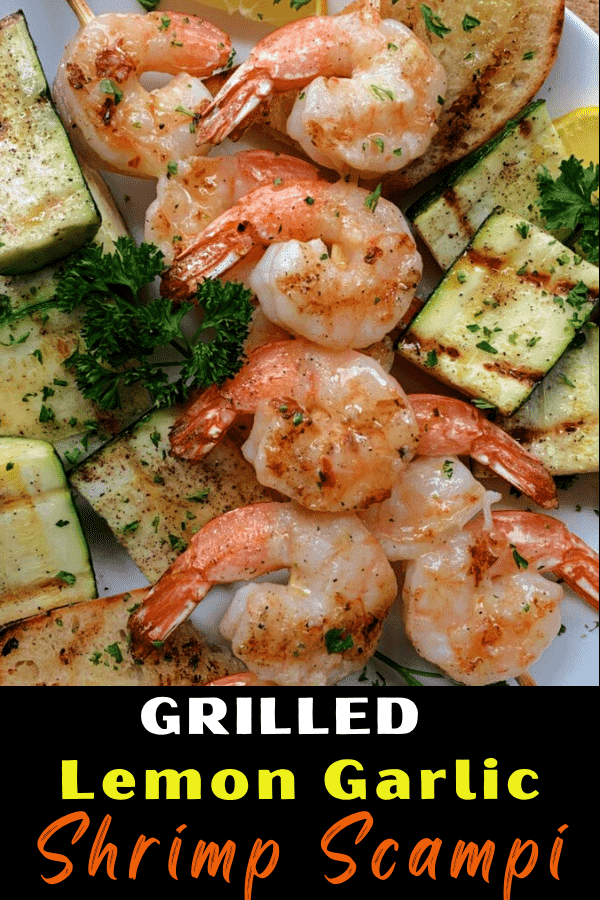 pinterest pin showing grilled lemon garlic shrimp and grilled zucchini