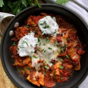 pan of skillet lasagna with dollops of ricotta