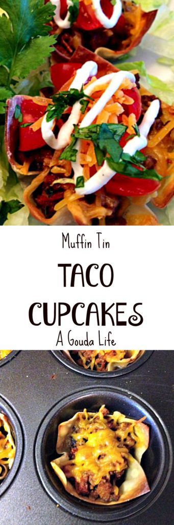 Taco Cupcakes: wontons filled with spicy ground beef topped with cheese, lettuce, tomatoes and everything you love on a taco all baked in mini muffin tins.