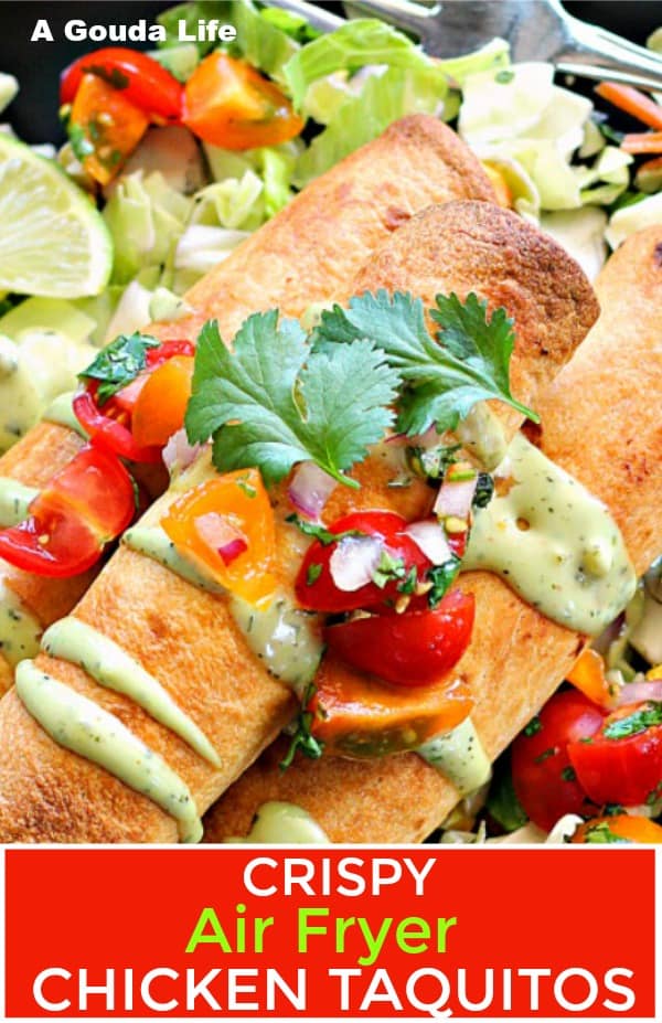 pinterest pin showing chicken taquitos and avocado crema drizzle