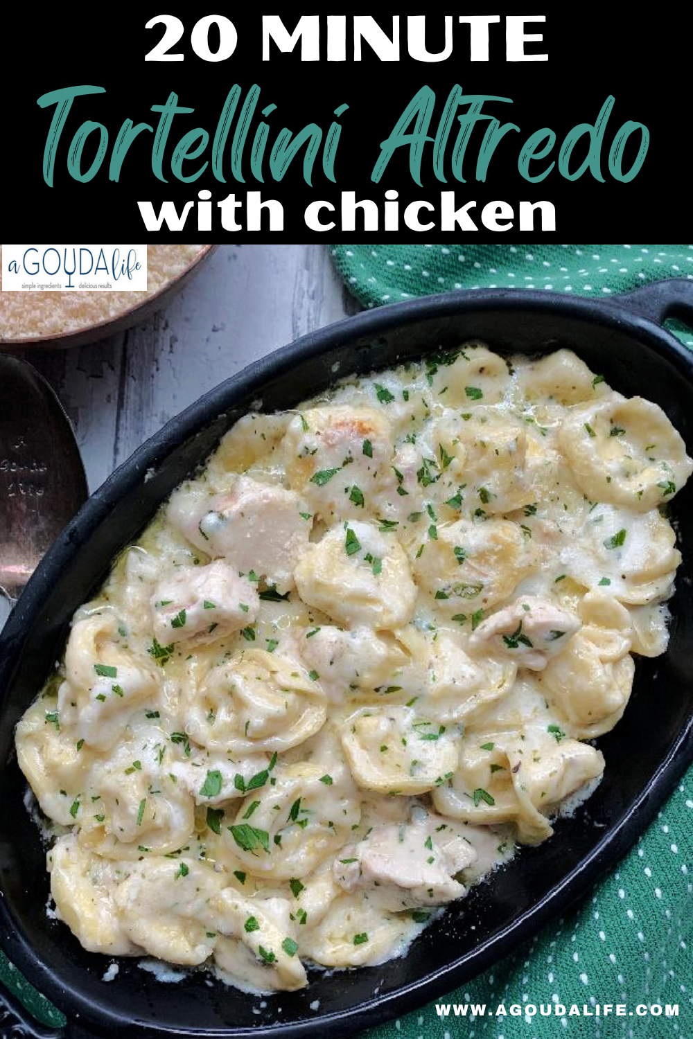 pinterest pin with black baking dish with chicken tortellini alfredo garnished with chopped parsley
