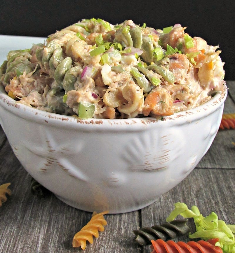Tuna Macaroni Salad: classic with real mayonnaise, chopped celery, onions and packed with tuna. Perfect for picnics + BBQ's from Memorial to Labor Day.