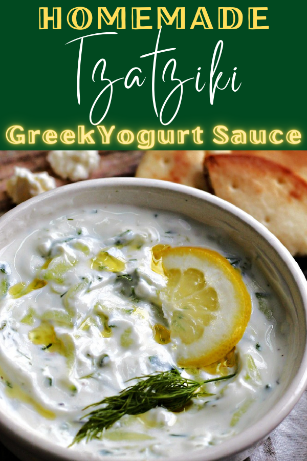 pinterest pin showing white bowl with tzatziki drizzled with olive oil 