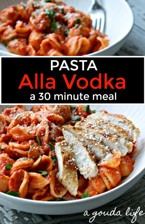 pinterest pin showing white bowl with pasta and vodka sauce plus sliced chicken breast